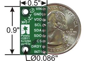 L3G4200D 3-axis gyro carrier with voltage regulator, bottom view with dimensions